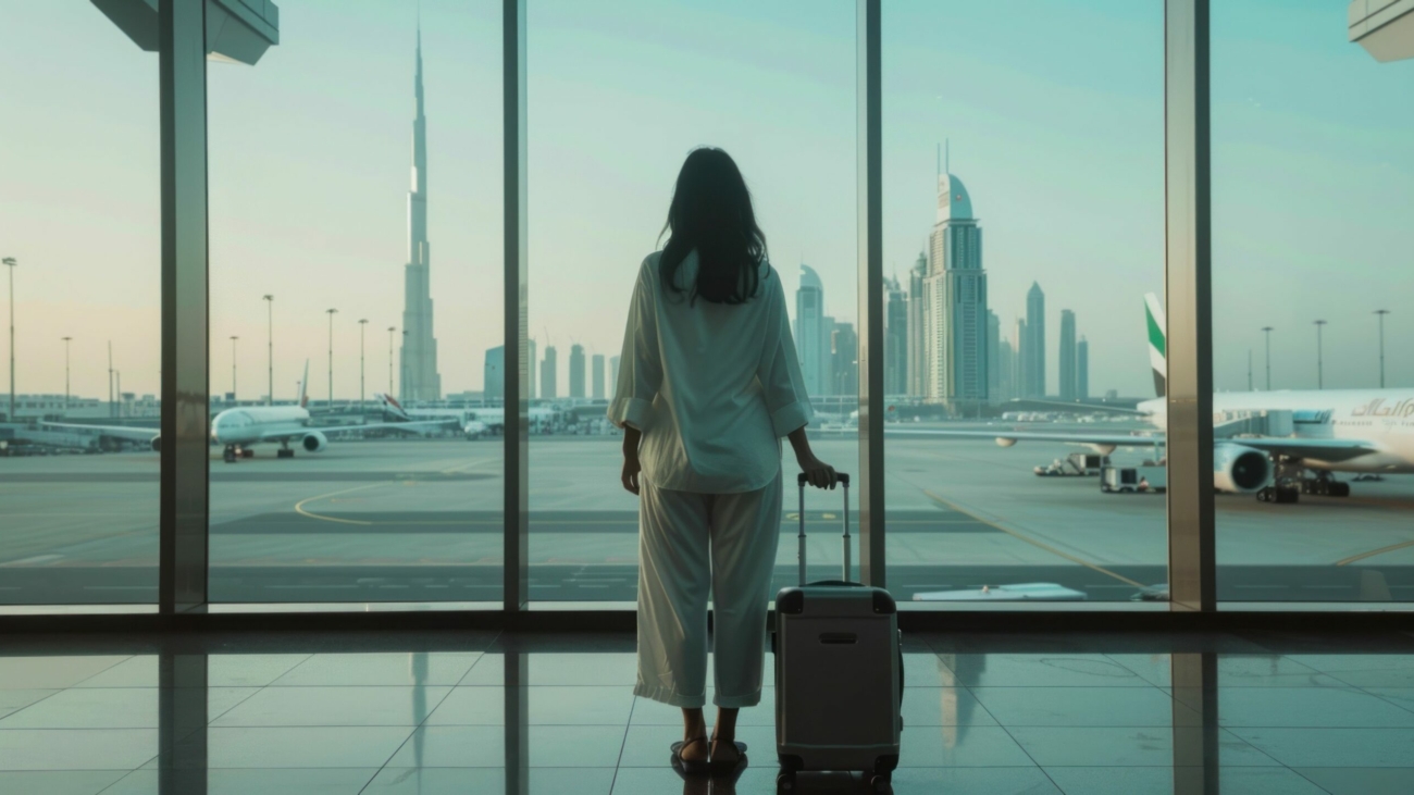 Traveler waiting with suitcase in front of airport window observing the runway and planes at departure lounge
