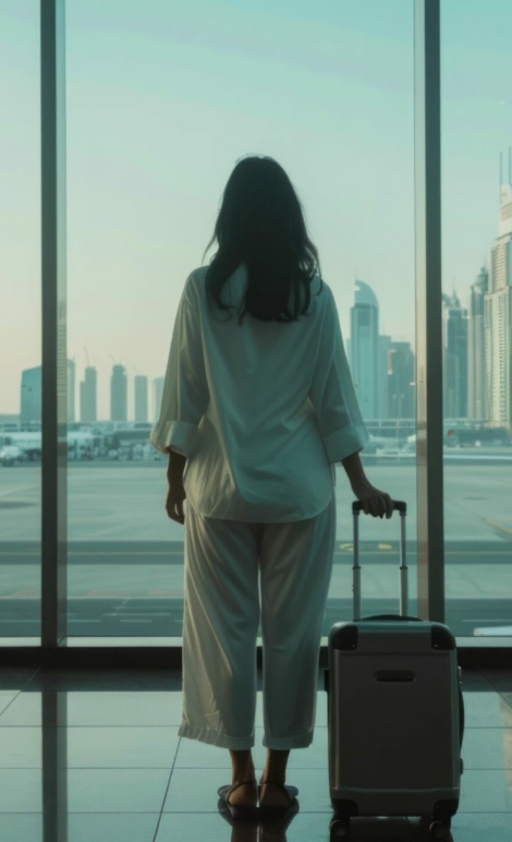 Traveler waiting with suitcase in front of airport window observing the runway and planes at departure lounge